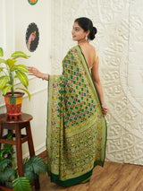 KcPc Figure Design Khaddi Georgette Janglaw Bandhani Neemzari Saree Bottle Green