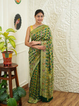 KcPc Figure Design Khaddi Georgette Janglaw Bandhani Neemzari Saree Bottle Green