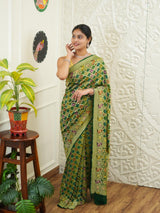 KcPc Figure Design Khaddi Georgette Janglaw Bandhani Neemzari Saree Bottle Green