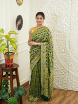 KcPc Figure Design Khaddi Georgette Janglaw Bandhani Neemzari Saree Bottle Green