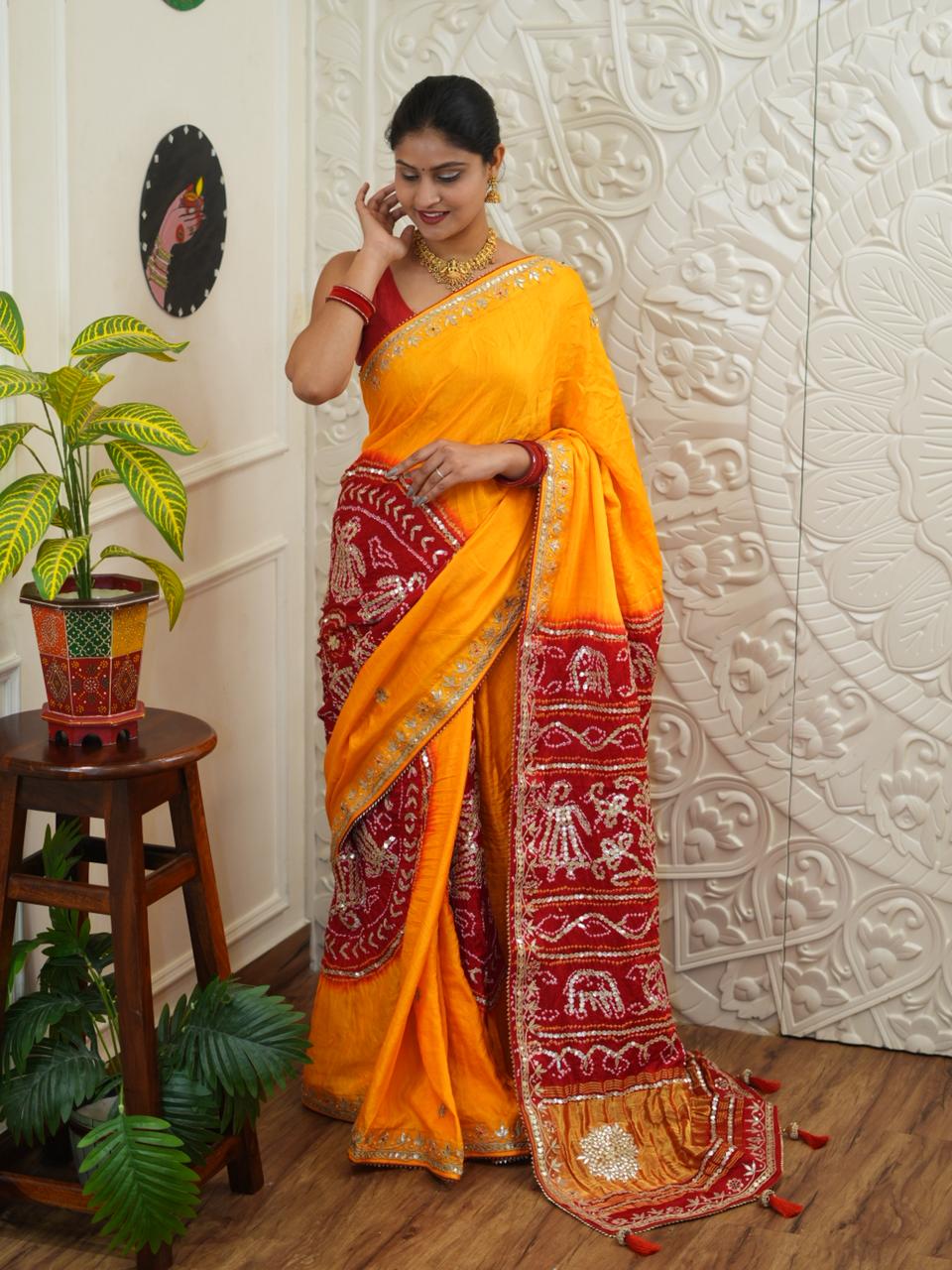Buy Pure Gaji Silk Bandhani Saree Kcpc