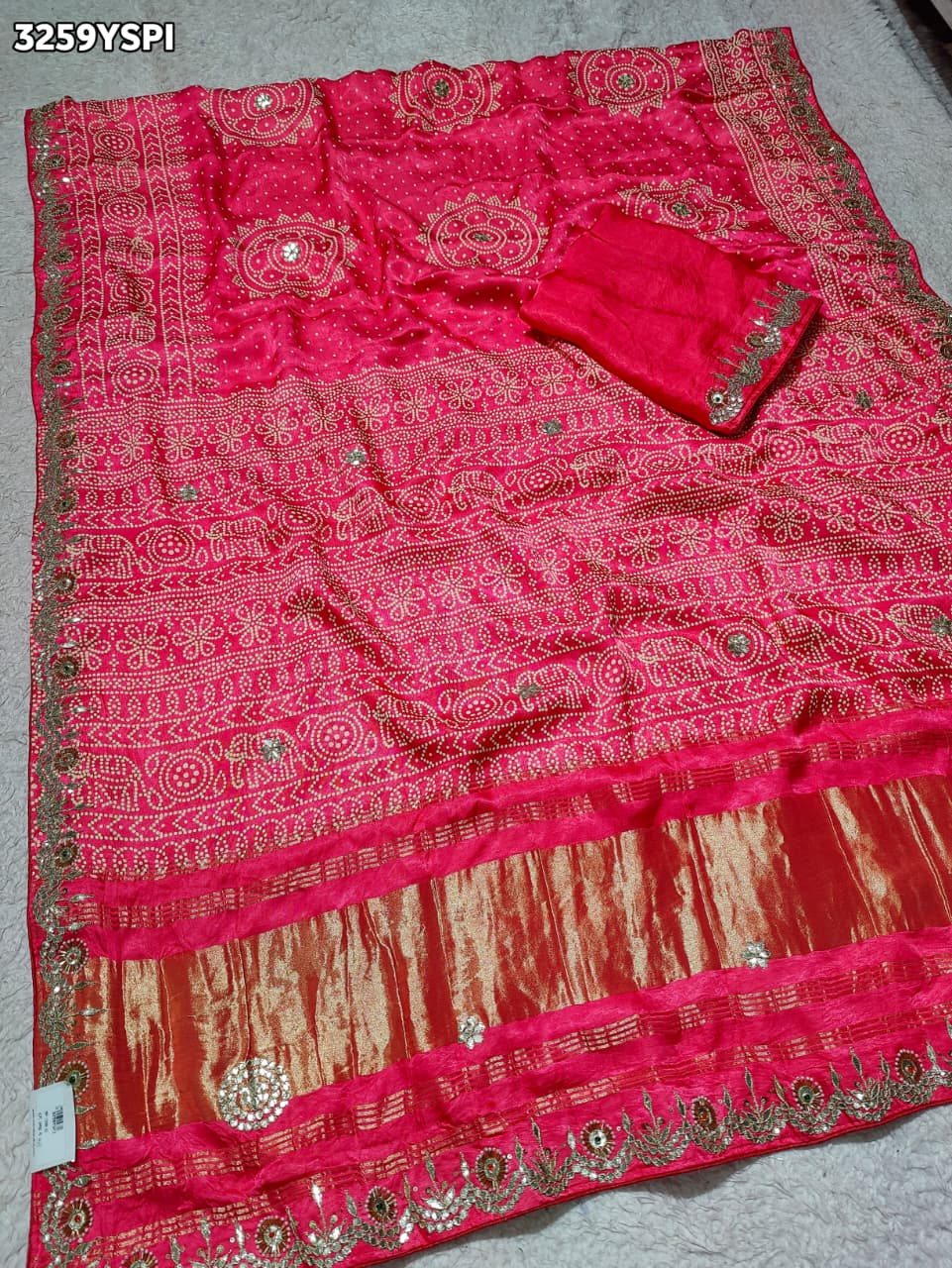 KcPc New Royal Bandhani Style Gaji Silk Saree with Hand Cutdana Gotapatti PF