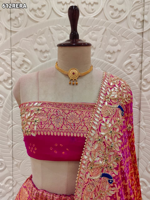 KcPc New  Designer Pure Khaddi Georgette Neemjari Bandhej Ghatchola Gotapatti Lehenga  BT