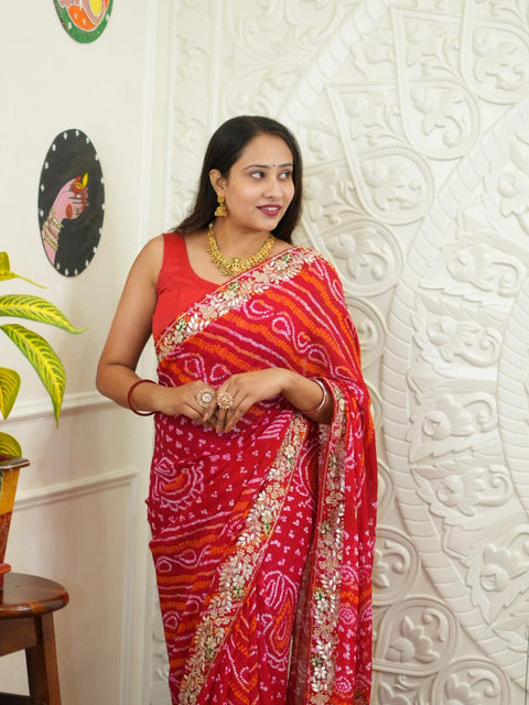 KcPc New Pure Chinon Bandhani Saree with Rich Gota Patti Work  AMT