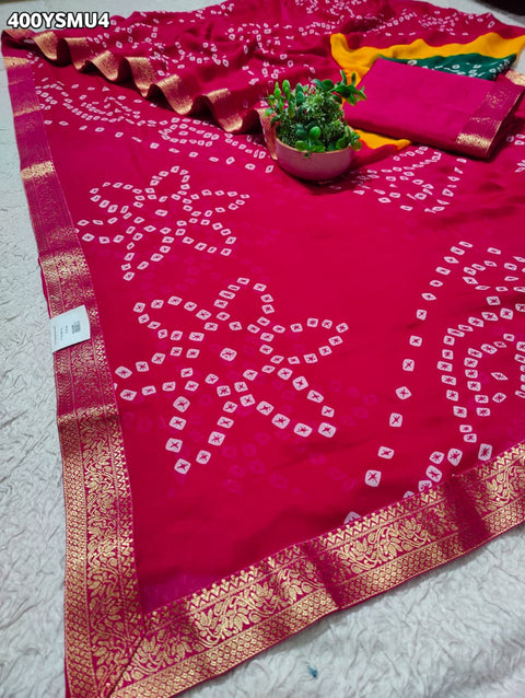 KcPc New Graceful Bandhani Style Moss Chiffon Georgette Saree with Zari Border KDN