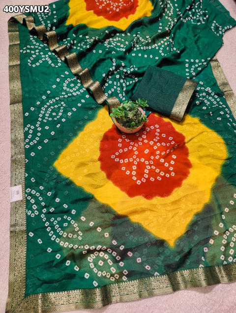 KcPc New Elegant Moss Chiffon Georgette Bandhani Saree with Zari Border KDN