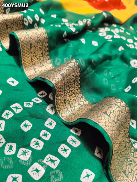 KcPc New Elegant Moss Chiffon Georgette Bandhani Saree with Zari Border KDN