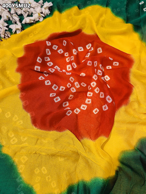 KcPc New Elegant Moss Chiffon Georgette Bandhani Saree with Zari Border KDN