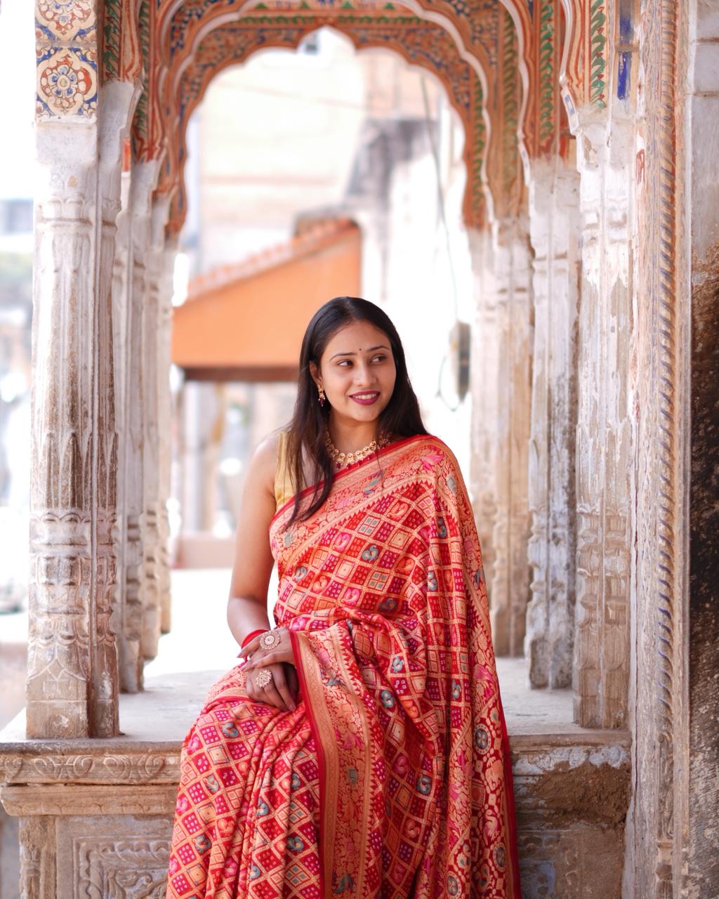 KcPcFigure Design Khaddi Georgette Janglaw Bandhani Neemzari Saree Red