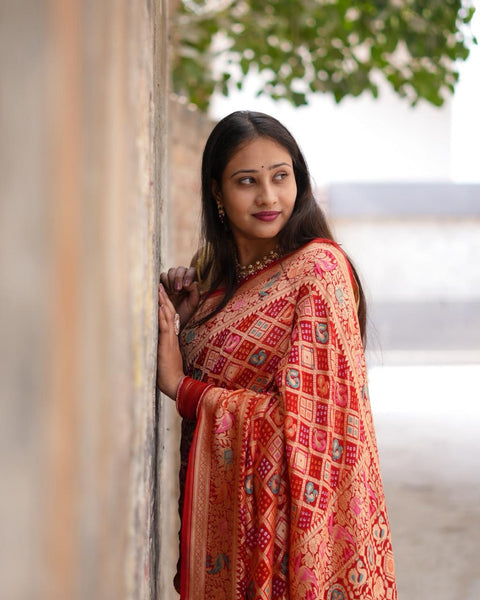 KcPc  Figure Design Khaddi Georgette Janglaw Bandhani Neemzari Saree Red