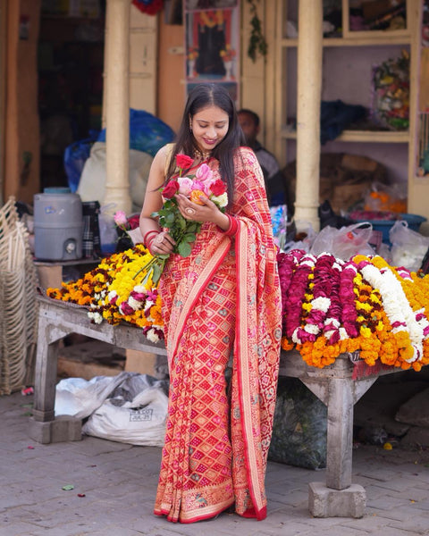 KcPc  Figure Design Khaddi Georgette Janglaw Bandhani Neemzari Saree Red