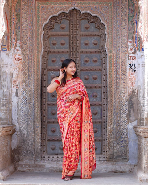 KcPc  Figure Design Khaddi Georgette Janglaw Bandhani Neemzari Saree Red