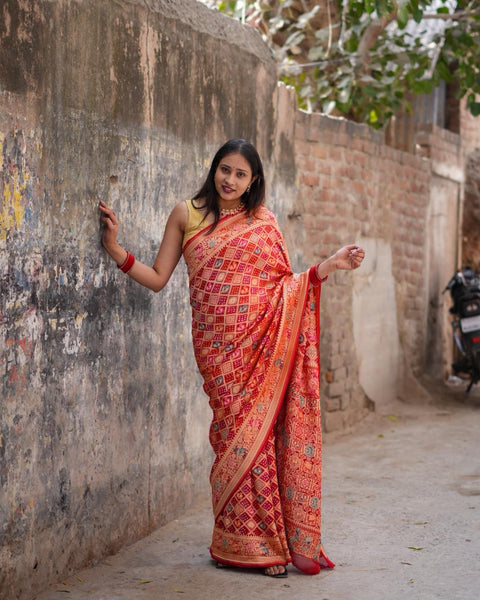 KcPc  Figure Design Khaddi Georgette Janglaw Bandhani Neemzari Saree Red