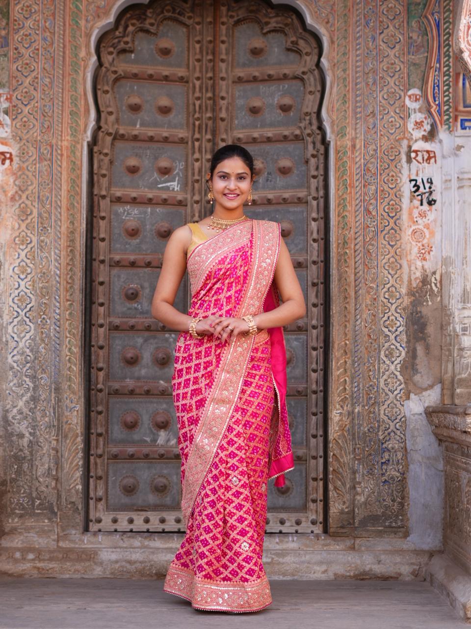 KcPc Designer Pure Khaddi Georgette Neemzari Bandhej Gotapatti Zaridoji work Saree Rani AMT