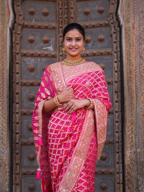 KcPc Designer Pure Khaddi Georgette Neemzari Bandhej Gotapatti Zaridoji work Saree Rani