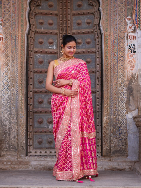 KcPc Designer Pure Khaddi Georgette Neemzari Bandhej Gotapatti Zaridoji work Saree Rani