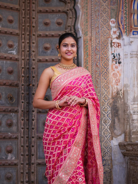 KcPc Designer Pure Khaddi Georgette Neemzari Bandhej Gotapatti Zaridoji work Saree Rani