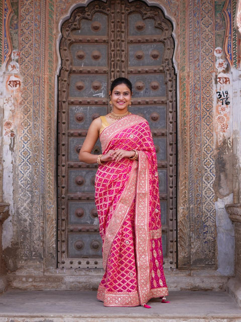 KcPc Designer Pure Khaddi Georgette Neemzari Bandhej Gotapatti Zaridoji work Saree Rani