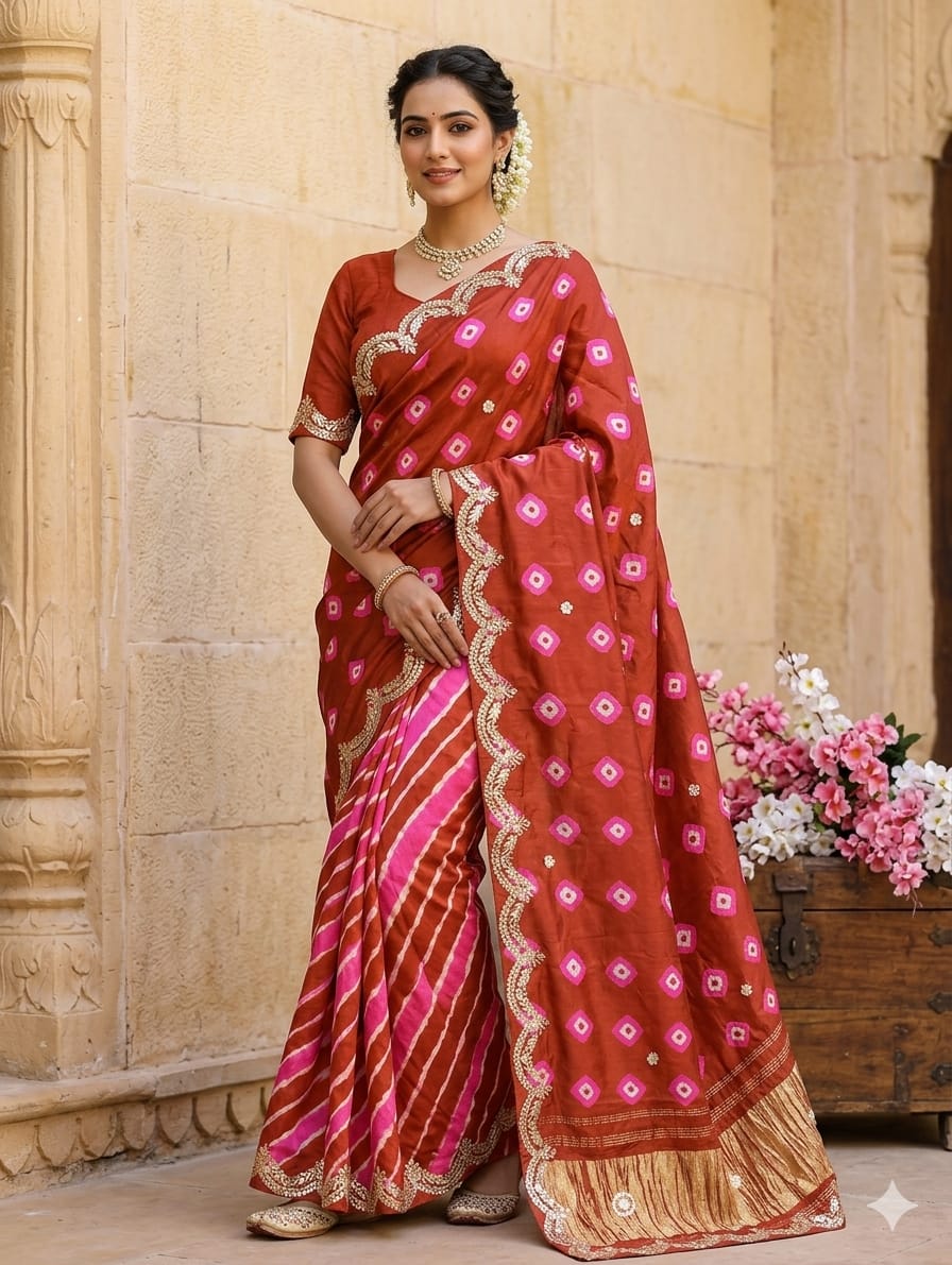 KcPcRoyal Look Modal Silk Leheriya Saree with Gota Patti WorkPRF