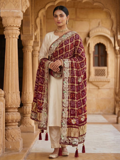 KcPc Royal Look Pure Gaji Silk Dupatta with Ghatchola Bandhej & Gota Patti Work
