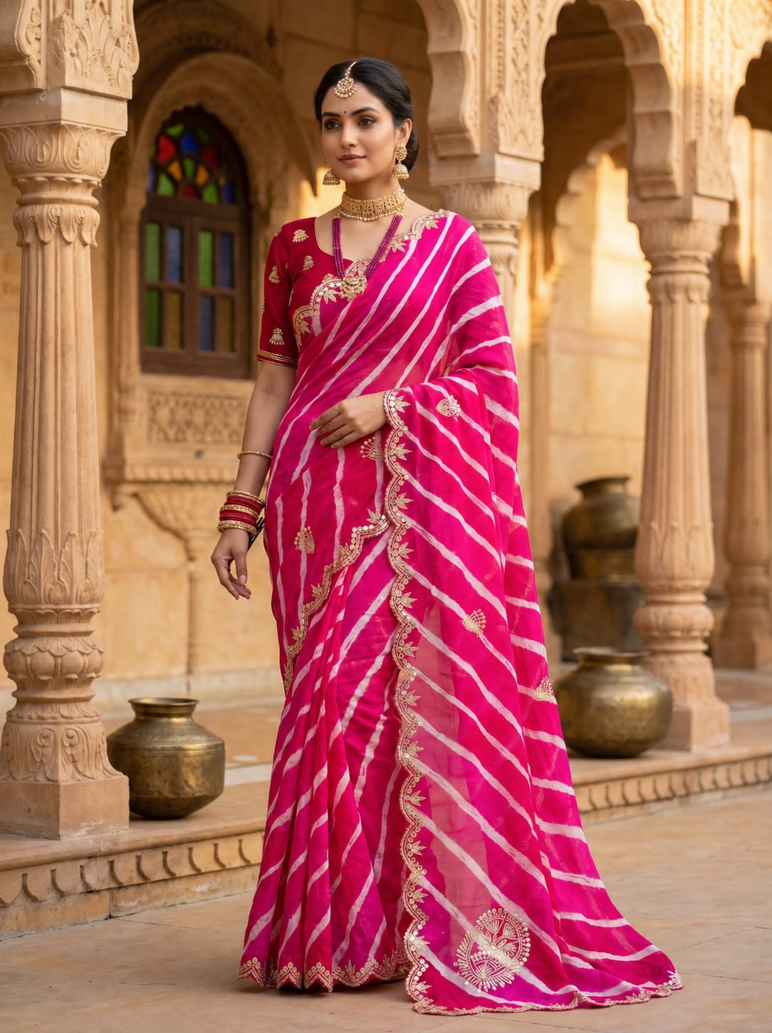 KcPc Premium Leheriya Style HO Silk Saree with Pure Aari & Patda Detailing AMT