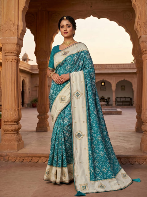 KcPc New Creap Silk Ajrakh Style With Stone Work Saree STR