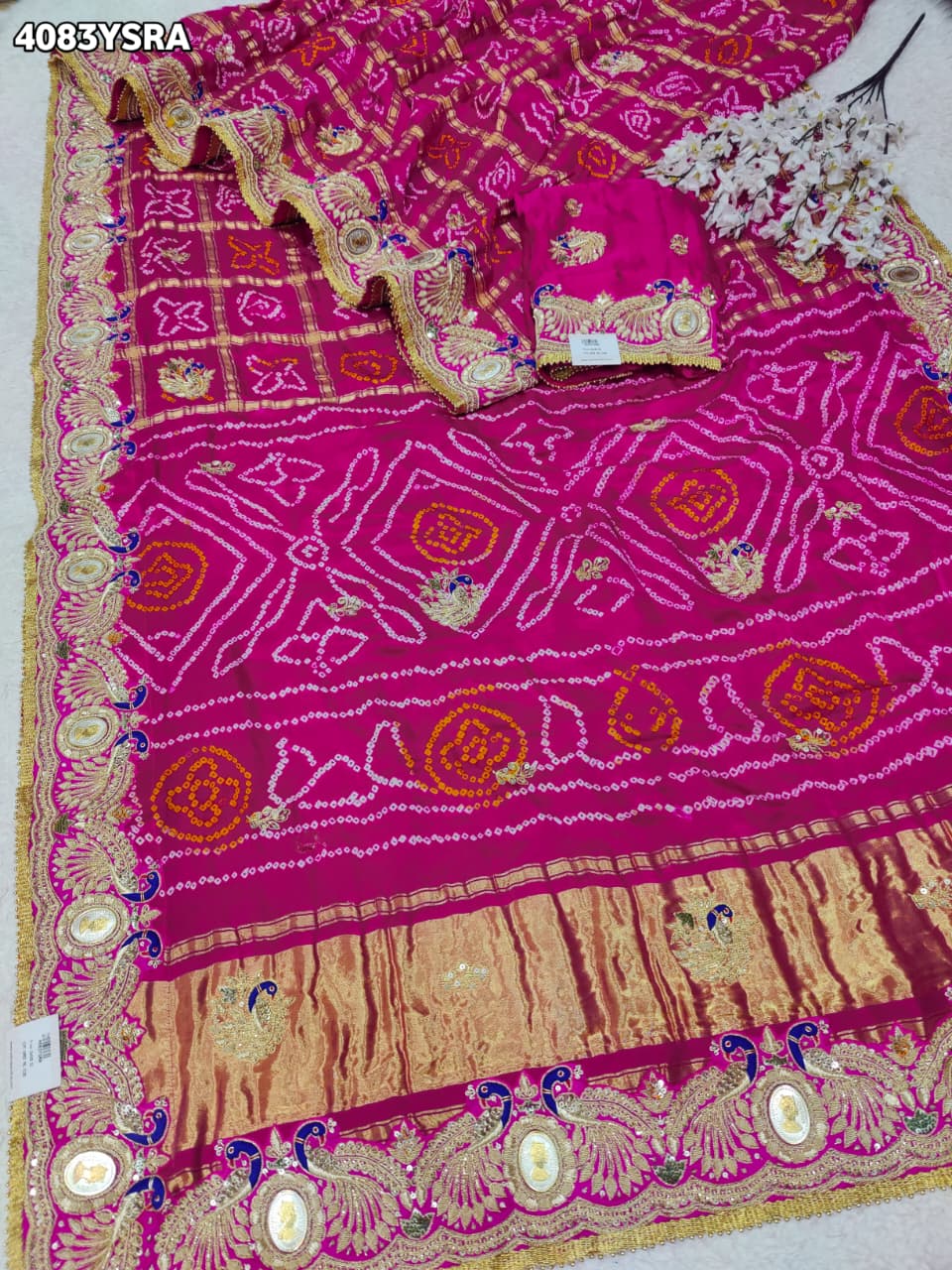 KcPc Royal Gaji Silk Bandhani Saree with Elegant Zardosi Work & Silver Coin Border MNL