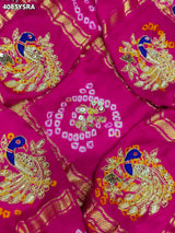 KcPc Royal Gaji Silk Bandhani Saree with Elegant Zardosi Work & Silver Coin Border MNL