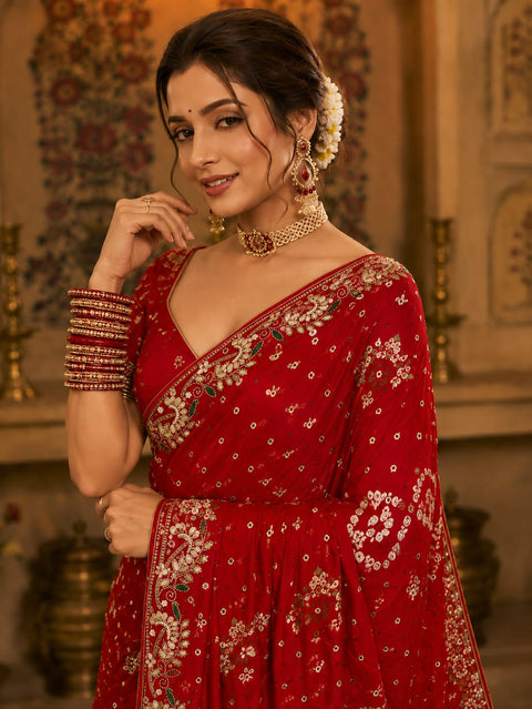 KcPc Special Bridal Gaji Silk Handmade Bandhej Saree With Gota Patti Work  SAM