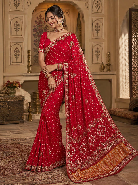 KcPc Special Bridal Gaji Silk Handmade Bandhej Saree With Gota Patti Work  SAM