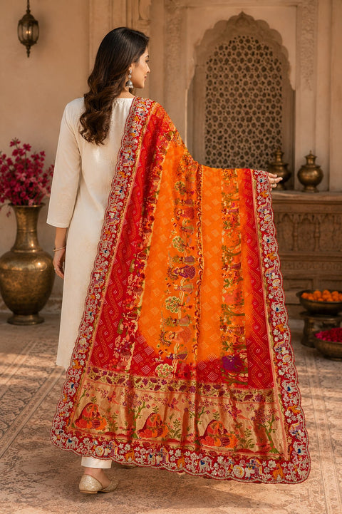 KcPc Khaddi Georgette kalamkari Style Wth Embroidery Work Dupatta