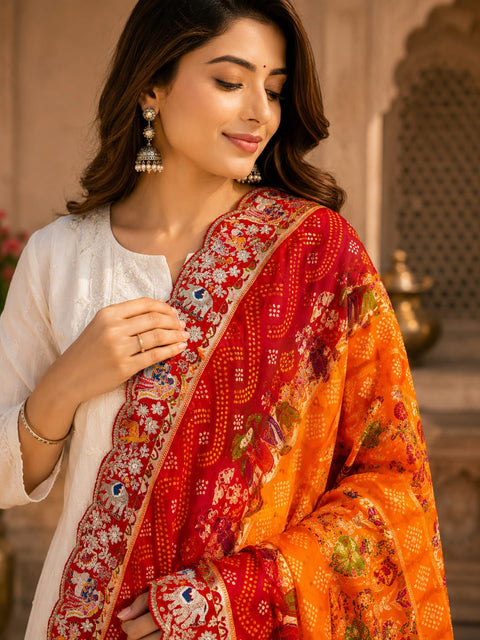 KcPc Khaddi Georgette kalamkari Style Wth Embroidery Work Dupatta