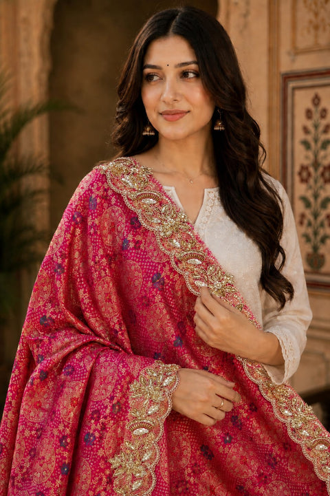 KcPc New Khaddi Georgette Embroidery Heavy Border Work Dupatta