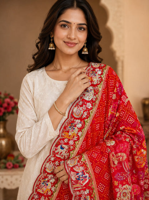KcPc New Khaddi Georgette kalamkari Style Wth Embroidery Work Dupatta