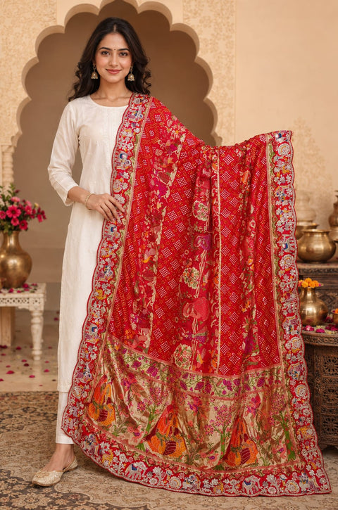 KcPc New Khaddi Georgette kalamkari Style Wth Embroidery Work Dupatta