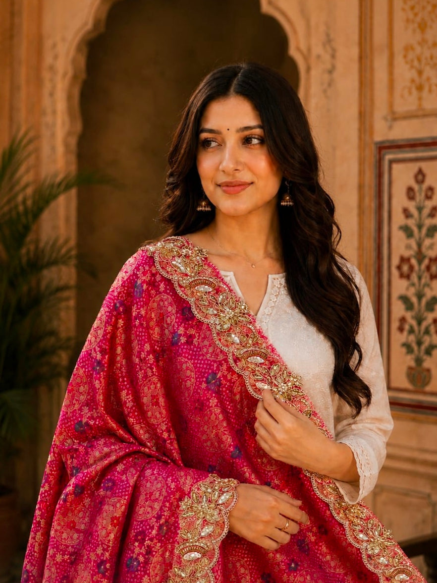 KcPc New Khaddi Georgette Embroidery Heavy Border Work DupattaTUF