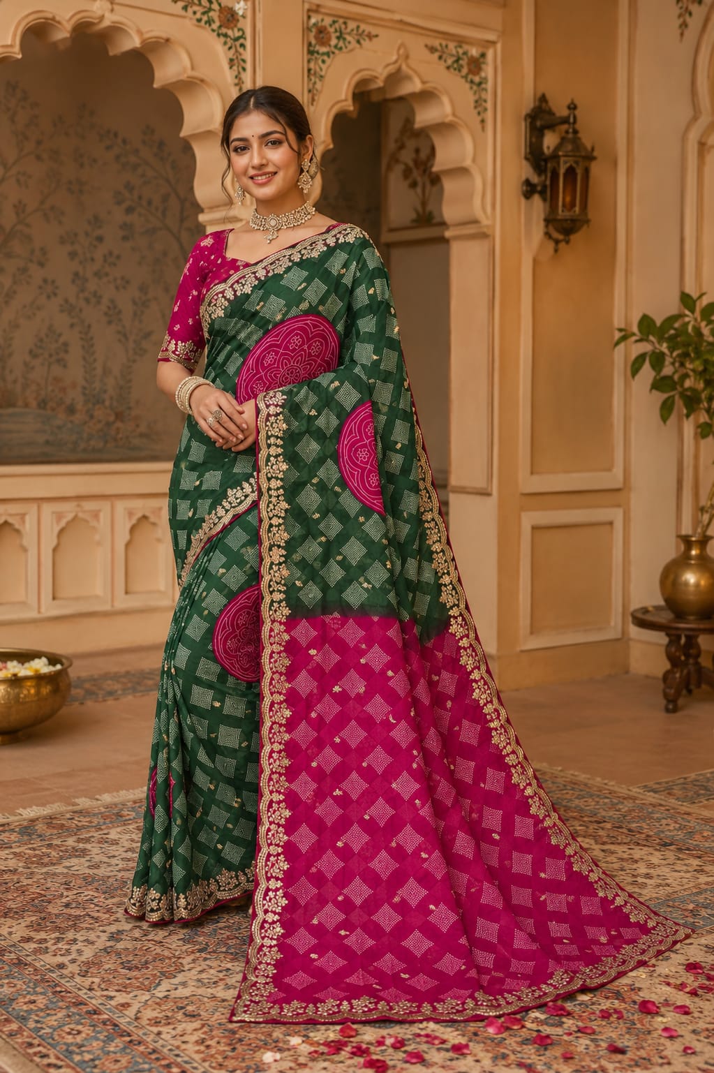 KcPcRoyal Bandhani Saree with Traditional Gotapatti WorkKDN