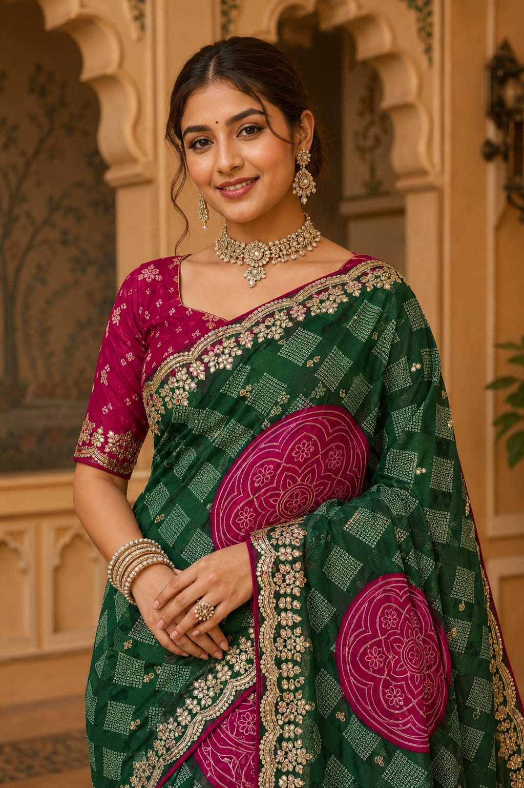 KcPcRoyal Bandhani Saree with Traditional Gotapatti WorkKDN