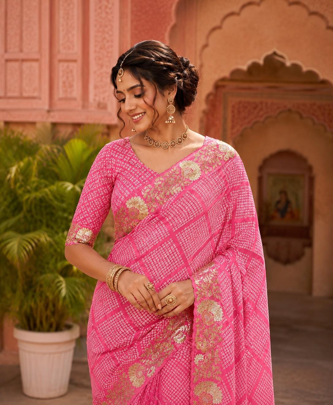 KcPc Creap Silk Bandhani Saree with Gota Patti EmbroideryBAL