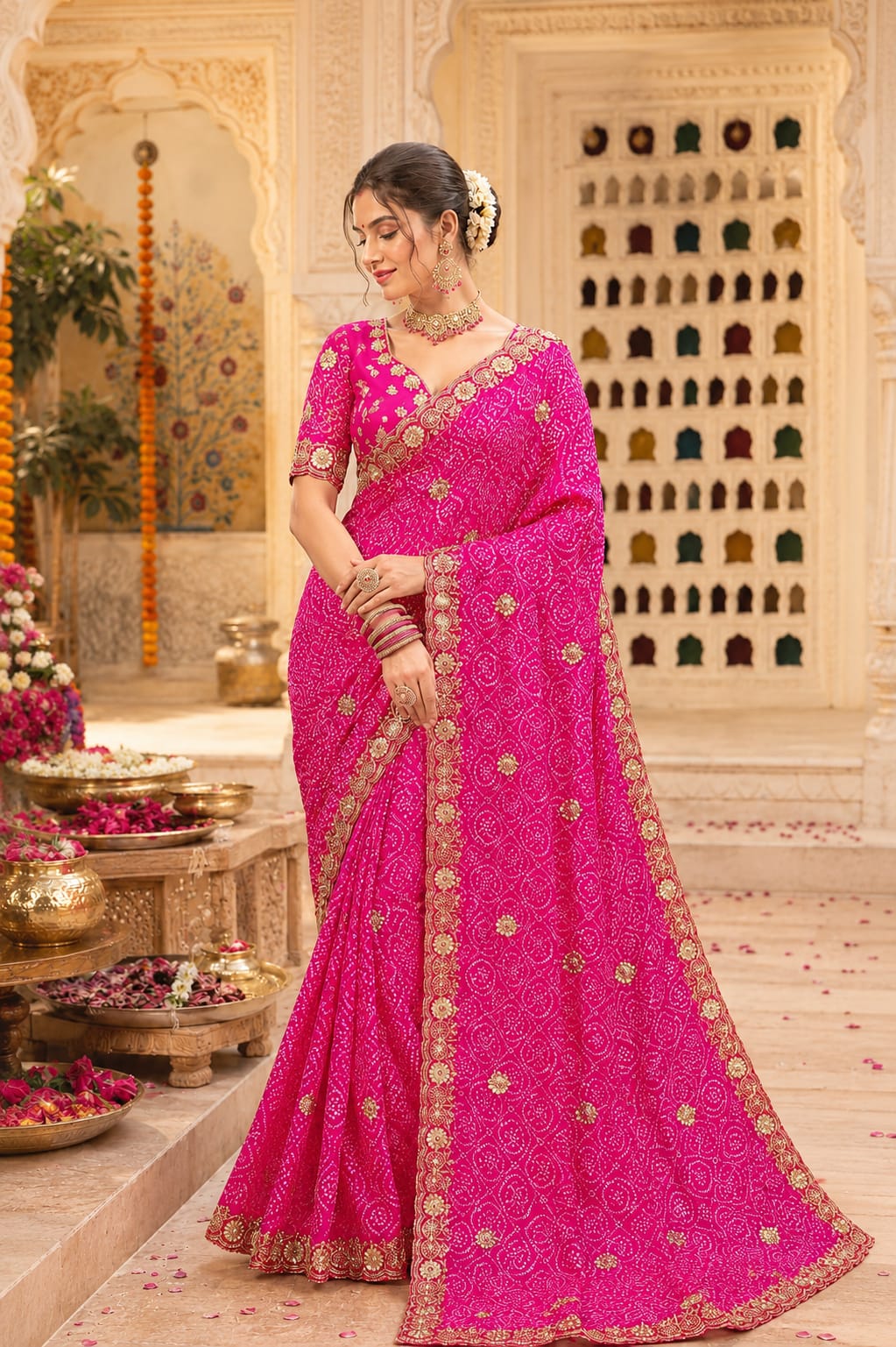 KcPc Georgette Bandhani Saree with Cutdana Embroidery BAL