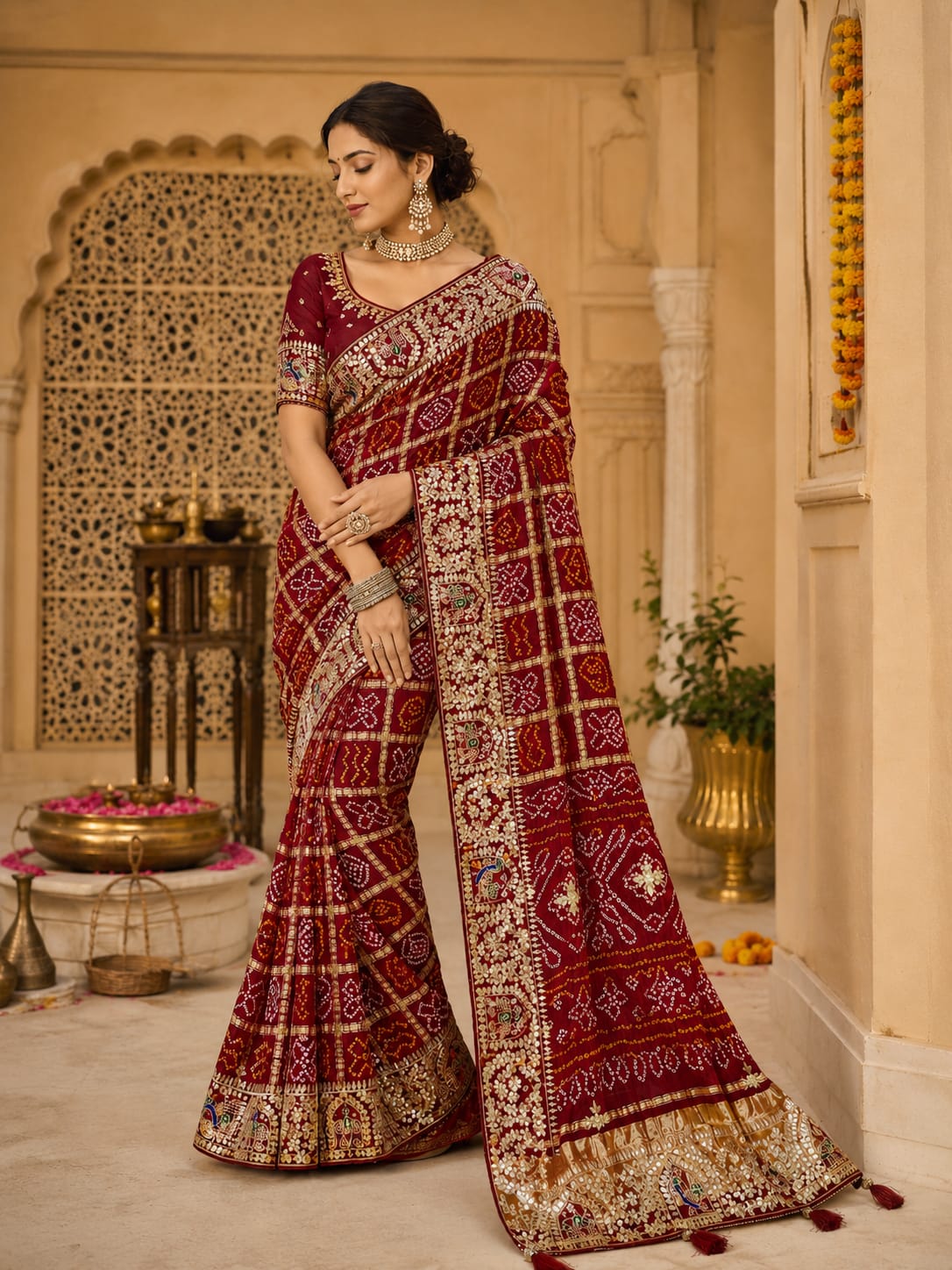 KcPcPure Gaji Silk Bandhani Saree with Handcrafted Gotapatti Work AMT
