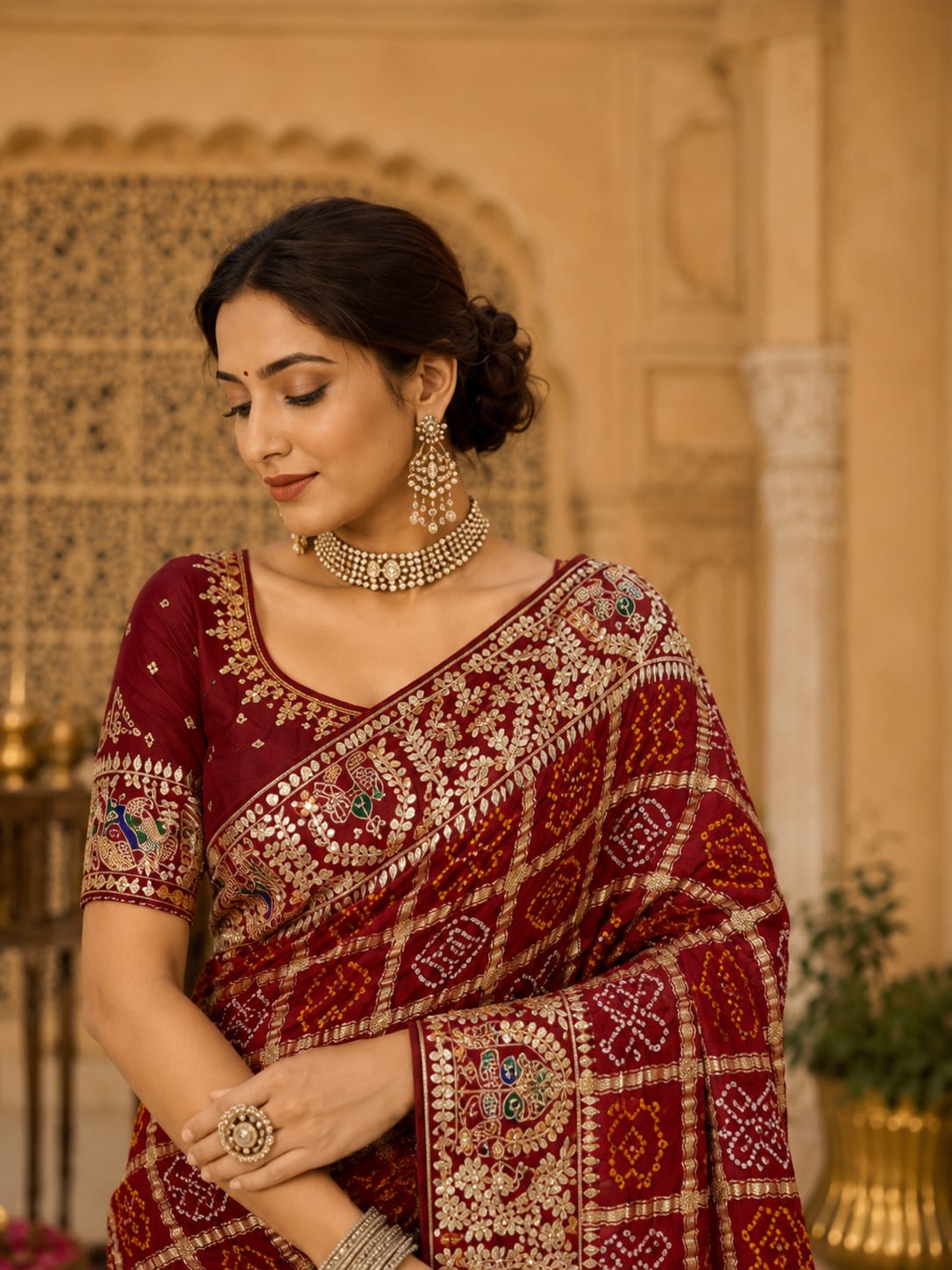 KcPcPure Gaji Silk Bandhani Saree with Handcrafted Gotapatti Work AMT