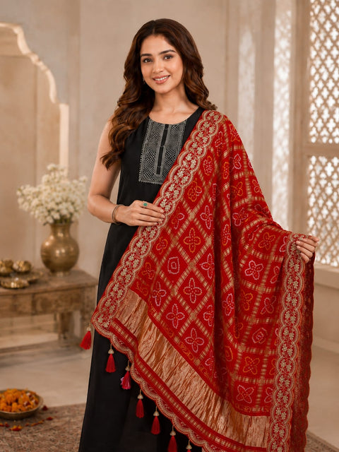 KcPc New Premium Handcrafted Bandhani Gaji Silk Dupatta