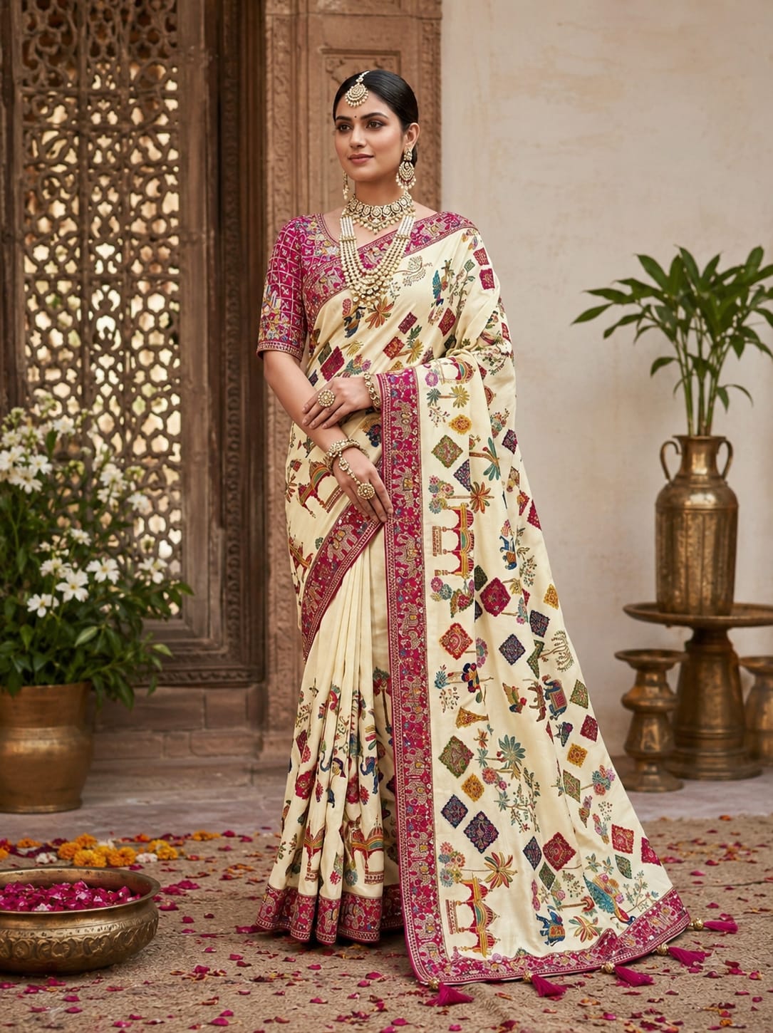 KcPc New Premium Kalamkari Style Saree Crafted with Beautiful Cutdana Detailing