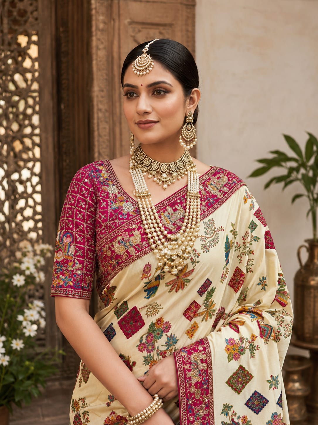 KcPc New Premium Kalamkari Style Saree Crafted with Beautiful Cutdana Detailing