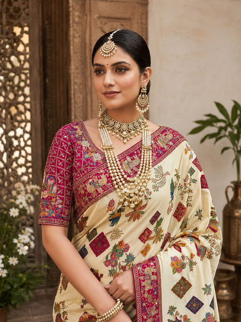 KcPc New Premium Kalamkari Style Saree Crafted with Beautiful Cutdana Detailing