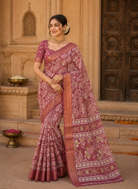 KcPc Premium Cotton Silk Printed Saree with Zari Border  STL