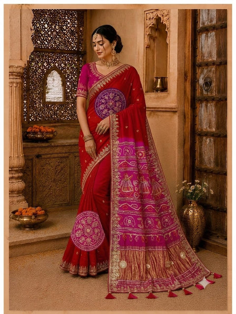 KcPc Premium Bandhani Gaji Silk Saree with Elegant Gota Patti  AMT