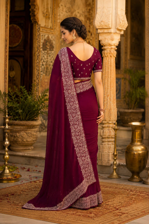 KcPc Latest Heavy Blooming Vichitra Silk Embroidery Saree HM Wine