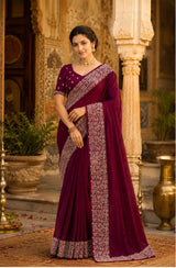 KcPc Latest Heavy Blooming Vichitra Silk Embroidery Saree HM Wine